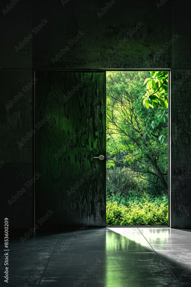 Obraz premium A simple door set in a minimalist, monochromatic wall, opening to reveal a vibrant, lush nature scene. TIdea of escaping to tranquillity 