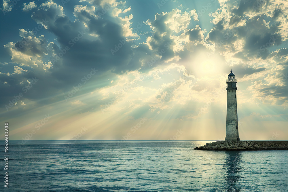 Generative ai on theme of large retro lighthouse with beam of bright light shining out to blue sea Generative ai on theme of large retro lighthouse with beam of bright light shining out to blue sea