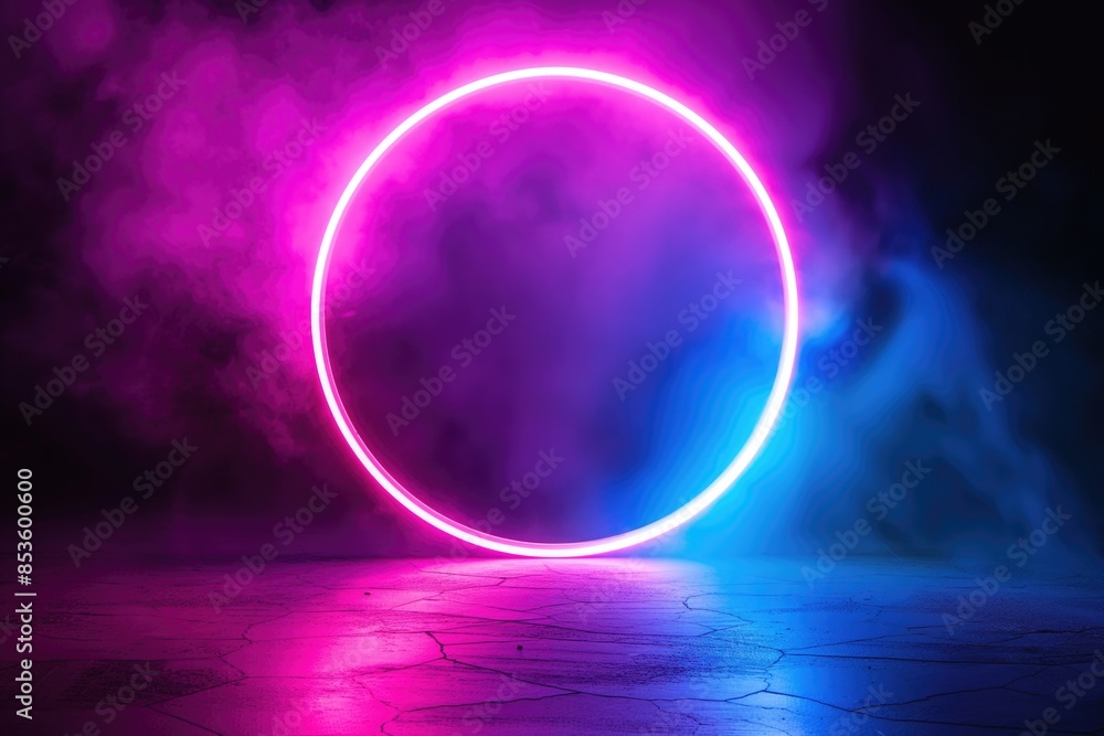 Neon circle. Blue and pink neon light round frame. Glowing ring with copy space Neon circle. Blue and pink neon light round frame. Glowing ring with copy space