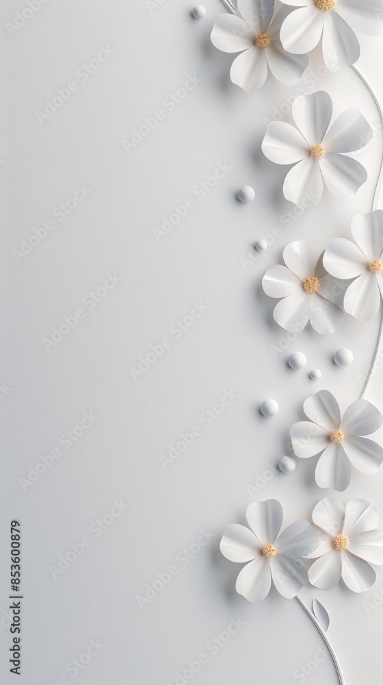 Minimalist white floral border with pearls on a white background. Minimalist white floral border with pearls on a white background.