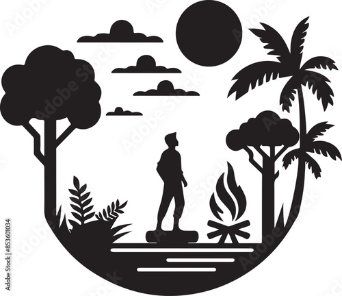 Silhouette of Explorer in Nature with Campfire and Sunset