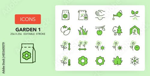 Line icons about gardening and seeding. Contains such icons as greenhouse, substrate, seeds and more. 256x256 Pixel Perfect editable in two colors. Set 1 of 2