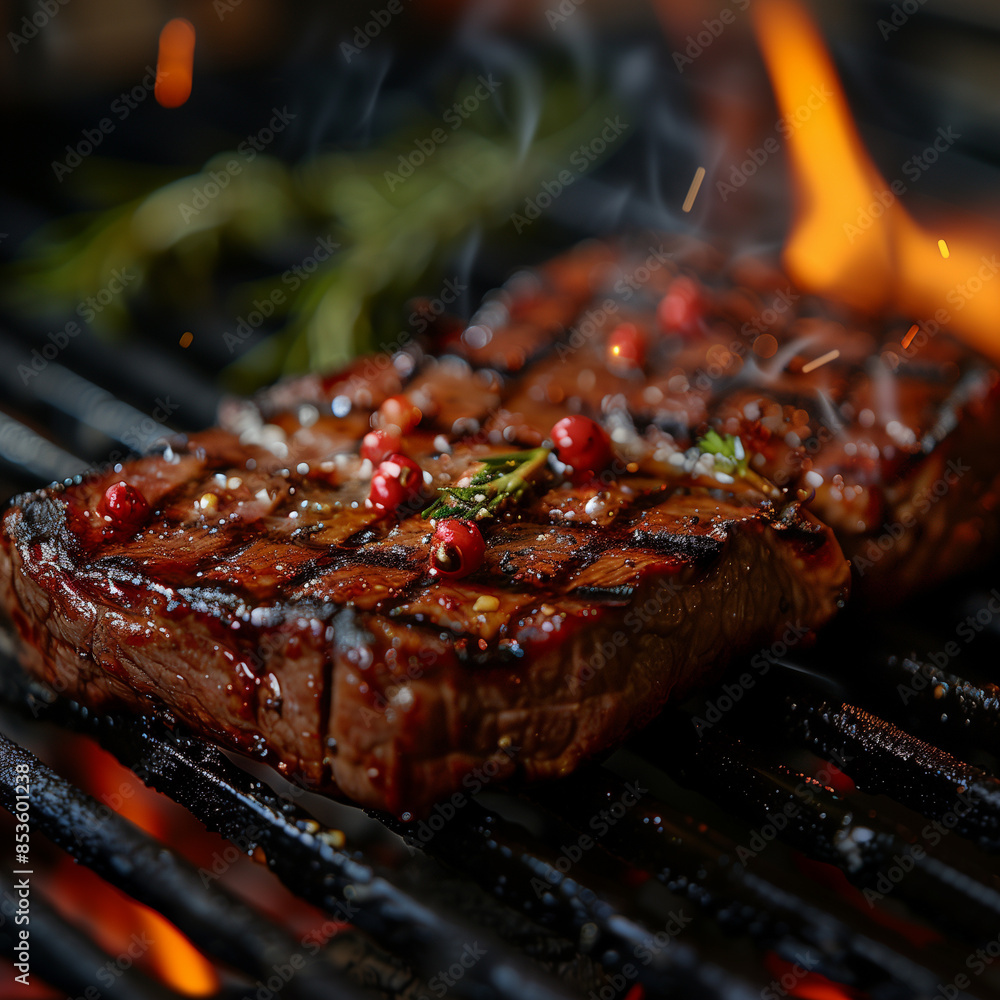 A closeup of juicy steaks sizzling on the grill, with flames dancing around them and a hint of herbs in view A closeup of juicy steaks sizzling on the grill, with flames dancing around them and a hint of herbs in view