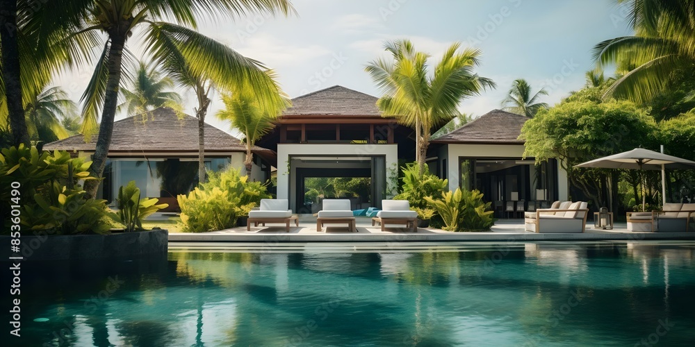 Fototapeta premium Tropical Paradise Luxurious Family Villa with Palm Trees, Ideal for Holidays. Concept Luxurious Villa, Family Getaway, Palm Trees, Tropical Paradise, Holiday Retreat