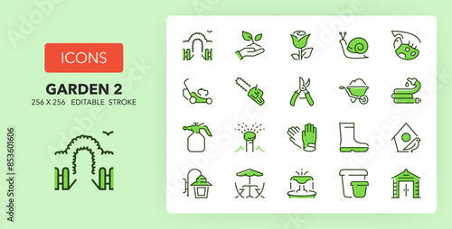 Line icons about garden. Contains such icons as gardening, irrigation, furniture and more. 256x256 Pixel Perfect editable in two colors. Set 2 of 2
