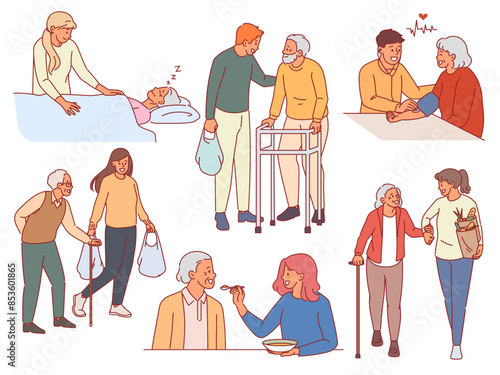 Volunteers help elderly people. Guys and girls take care of pensioners, deliver purchases, escorted home, measure pressure, feed, senior humans walking, cartoon flat isolated vector set