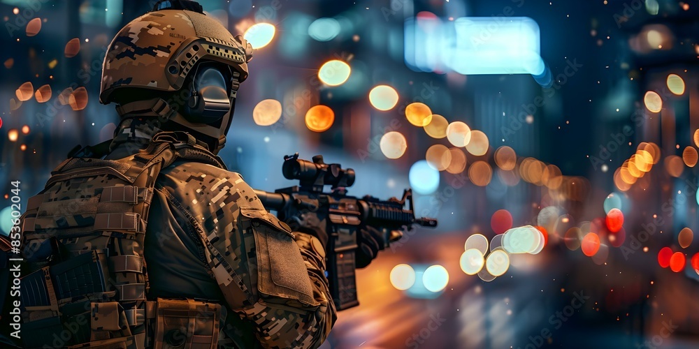Elite soldier uses advanced weaponry to patrol city at night. Concept Futuristic Technology, Vigilant Guardian, Night Patrol, Modern Warfare, Urban Security Elite soldier uses advanced weaponry to patrol city at night. Concept Futuristic Technology, Vigilant Guardian, Night Patrol, Modern Warfare, Urban Security