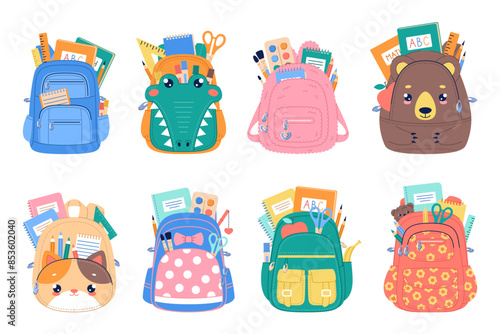 Student backpacks with school stationary. Back to school accessories, kids shoulder bags with rulers, textbooks and notebooks, cartoon flat style isolated illustration, vector set