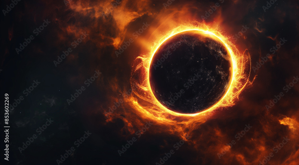 Fototapeta premium Solar eclipse, abstract background, celestial event, cosmic phenomenon, lunar shadow, sun and moon, eclipse art, astronomical event, dark sun, eclipse center, cosmic shadow, eclipse depiction