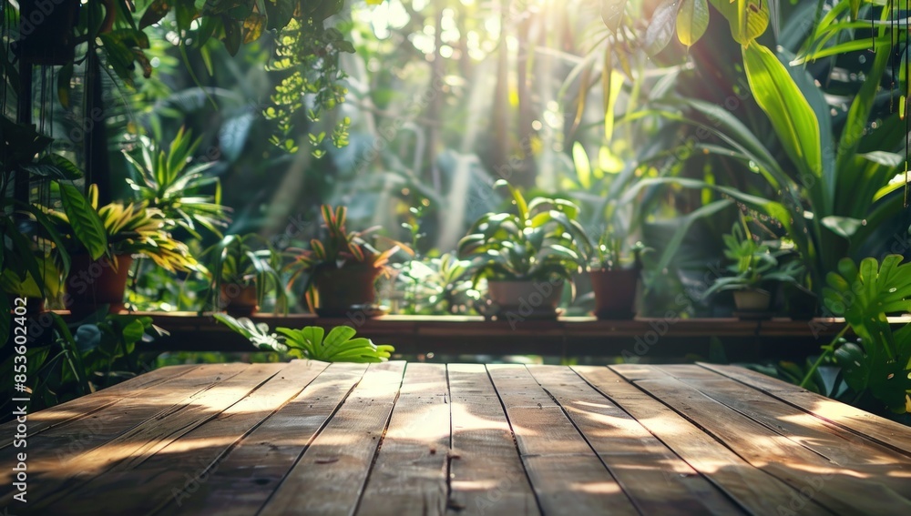 A wooden table with a view of a lush green jungle A wooden table with a view of a lush green jungle