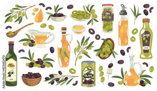 Olive products. Cartoon organic food, mediterranean plant, oil bottles, canned food jars, green and black olive on branches with leaves, natural healthy cooking ingredient, tidy vector set