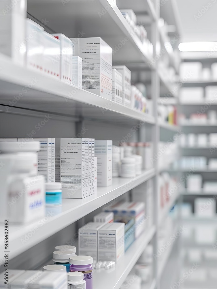 Close-up of a pharmacy shelf stocked with various medications. Close-up of a pharmacy shelf stocked with various medications.