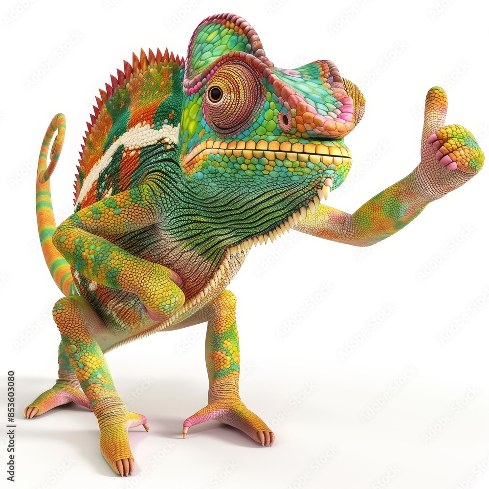 custom made wallpaper toronto digitalA vibrant chameleon with a cheeky grin, changing its hand to a bright color as it gives a thumbs up on a white background
