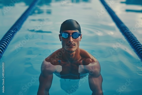 Swimmer wearing a swim cap and goggles, standing in the pool and looking up, ready for a swim.