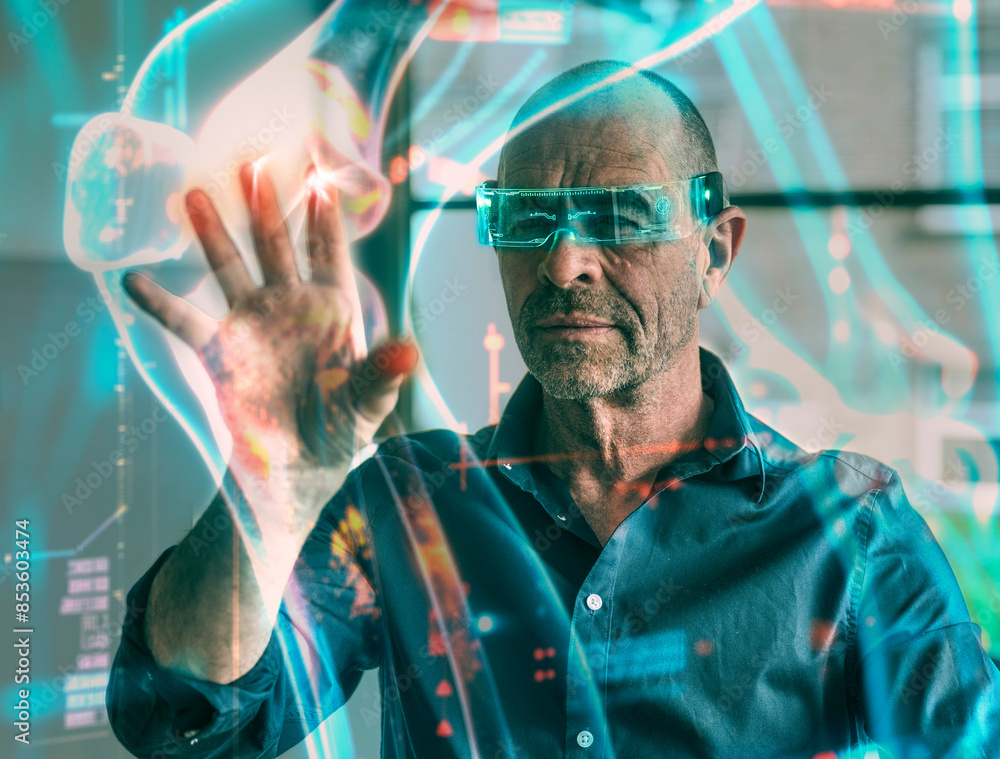 Doctor analyzing about knee with AI technology on digital display