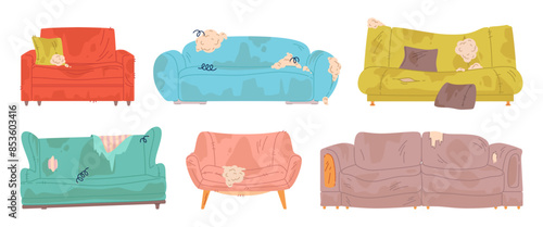 Dirty broken couches. Torn furniture upholstery, protruding springs and filler, damaged old sofas, living room worn out elements, cleaning service cartoon flat style isolated vector set