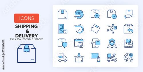 Line icons about shipping and delivery. Contains such icons as box, express service, tracking and more. 256x256 Pixel Perfect editable in two colors