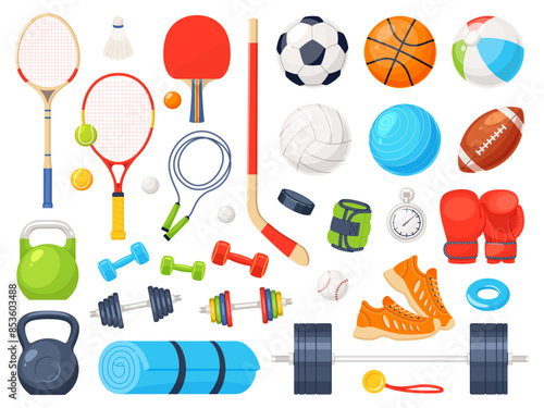 Cartoon sport equipment. Fitness, athlete gym accessories, games balls, football basketball or volleyball. Dumbbells, kettlebells, tennis rackets, running shoes and boxing gloves vector set