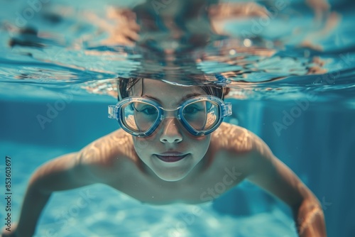 Child swimming underwater with goggles, looking directly at the camera, surrounded by bubbles and light reflections. © Jane_S