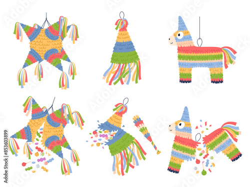 Broken and whole pinatas. Mexican traditional party decorations, kids paper toys with confetti, candies, carnival holiday shapes, celebration cartoon flat style isolated vector set