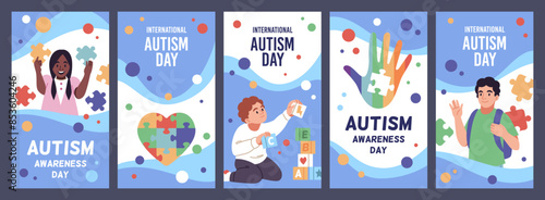 Autism spectrum disorder. Congenital mental disorder, children with special needs and character, world awareness day. Hyperactivity and ADHD cartoon flat isolated tidy vector cards set