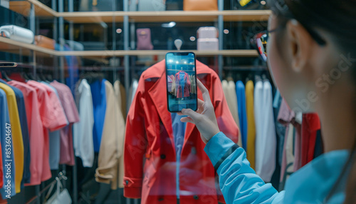 A woman is taking a picture of a red jacket in a store by AI generated image