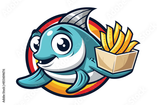 fish holding french fries mascot logo with cartoon style