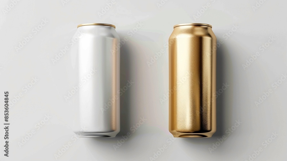 Unbranded Silver and Gold Aluminum Beverage Cans Mockup on White Background. Generative AI Unbranded Silver and Gold Aluminum Beverage Cans Mockup on White Background. Generative AI