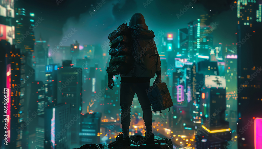 Fototapeta premium A man stands on a rooftop in a cityscape with neon lights and a futuristic vibe by AI generated image