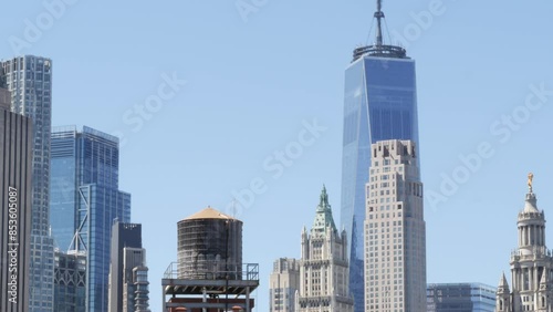 New York City Lower Manhattan, Downtown Financial District architecture, United States. One World Trade Center skyscraper Woolworth, Municipal building, USA. American urban skyline. WTC Freedom tower.