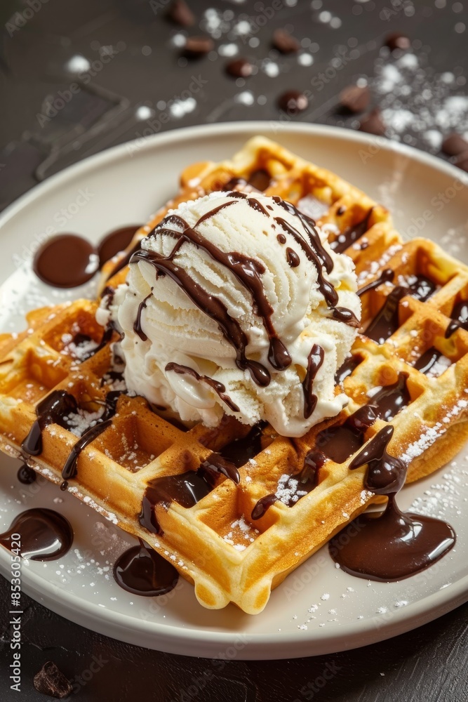 A freshly made waffle topped with a generous scoop of vanilla ice cream and drizzled with rich chocolate sauce A freshly made waffle topped with a generous scoop of vanilla ice cream and drizzled with rich chocolate sauce