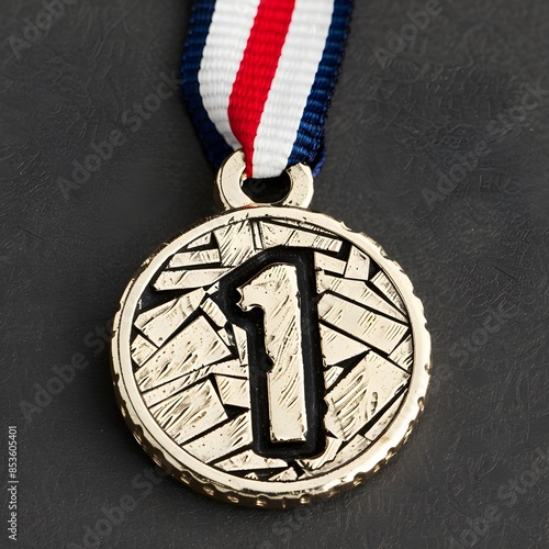 金色の「1」が刻まれたメダル、赤白青のリボン付き photo
