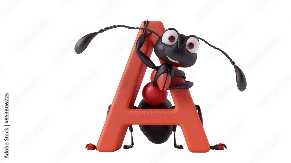 A happy red ant character holding a large letter A, on a transparent background A happy red ant character holding a large letter A, on a transparent background