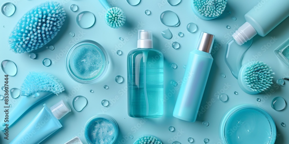 A vibrant arrangement of self-care products in yellow and blue tones on a blue background, promoting a refreshing beauty routine. A vibrant arrangement of self-care products in yellow and blue tones on a blue background, promoting a refreshing beauty routine.