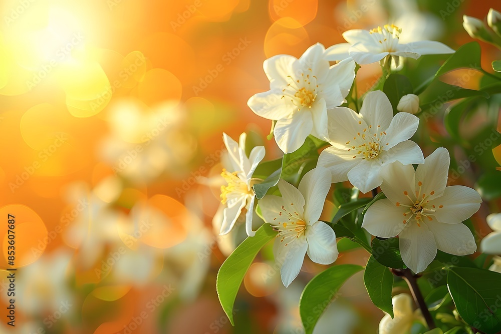 Fototapeta premium Springtime Blossom Concept: Beautiful White Jasmine Flowers in Warm Sunlight for Nature-Themed Designs