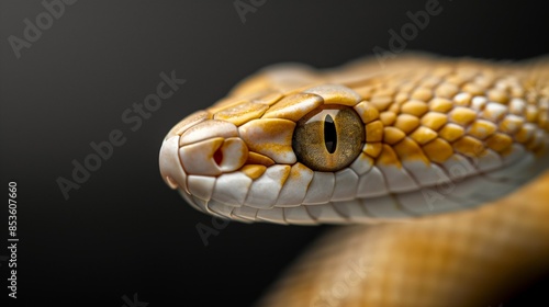 Yellow snake on an dark background. Reptile animal. Portrait of a snake. Wildlife, wild animal