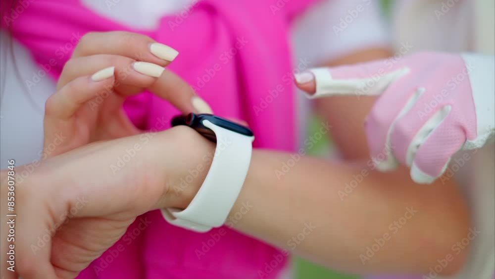 Close up of two women dressed in white and pink clothes touching a smart watch on the golf course Close up of two women dressed in white and pink clothes touching a smart watch on the golf course