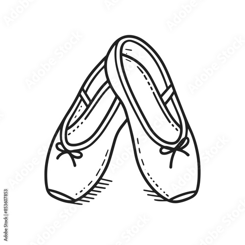 Two ballet slippers are drawn in black and white. The slippers are positioned in a way that they are facing each other, with their toes touching. Concept of elegance and grace