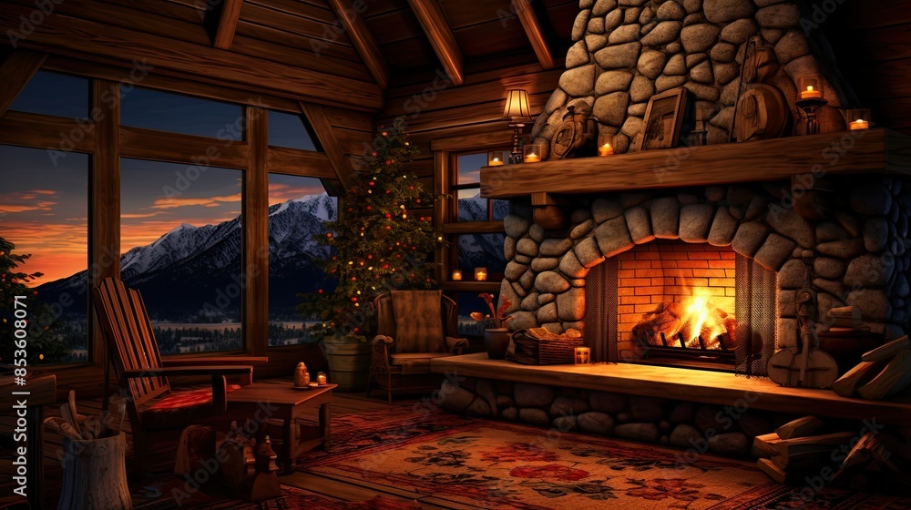 A cozy, lit fireplace in a cabin backgrounds A cozy, lit fireplace in a cabin backgrounds