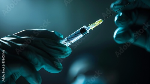 Close-up of a doctor's hand and syringe, with serum drops just leaving the needle..