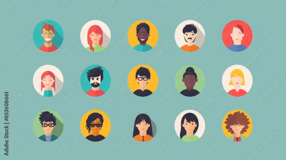 circular avatar icons with different hairstyles and accessories on a turquoise background. Flat design illustrations for profile pictures and digital use. circular avatar icons with different hairstyles and accessories on a turquoise background. Flat design illustrations for profile pictures and digital use.