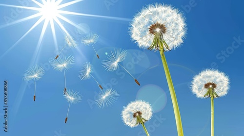 Dandelion seeds floating in air on soft blue background with beautiful bokeh effects
