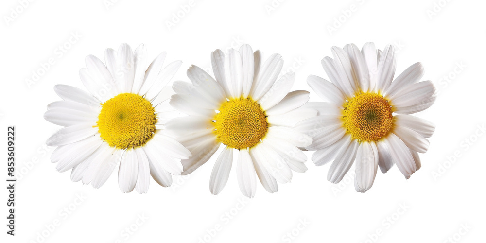 Three sunny daisy flowers with white petals and yellow centers arranged side by side. Ideal for floral designs, spring themes, and botanical illustrations. Three sunny daisy flowers with white petals and yellow centers arranged side by side. Ideal for floral designs, spring themes, and botanical illustrations.
