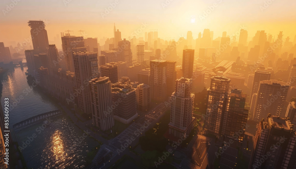 Fototapeta premium A cityscape with a sunset in the background by AI generated image