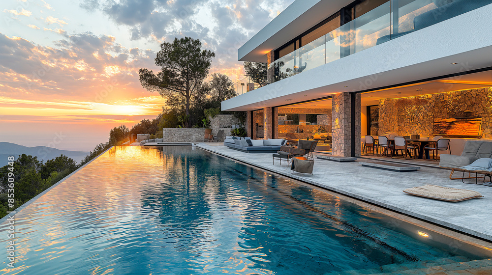 Fototapeta premium Villa in Mediterranean modern style with infinity pool. Minimalist architecture in Mediterranean setting with sea views