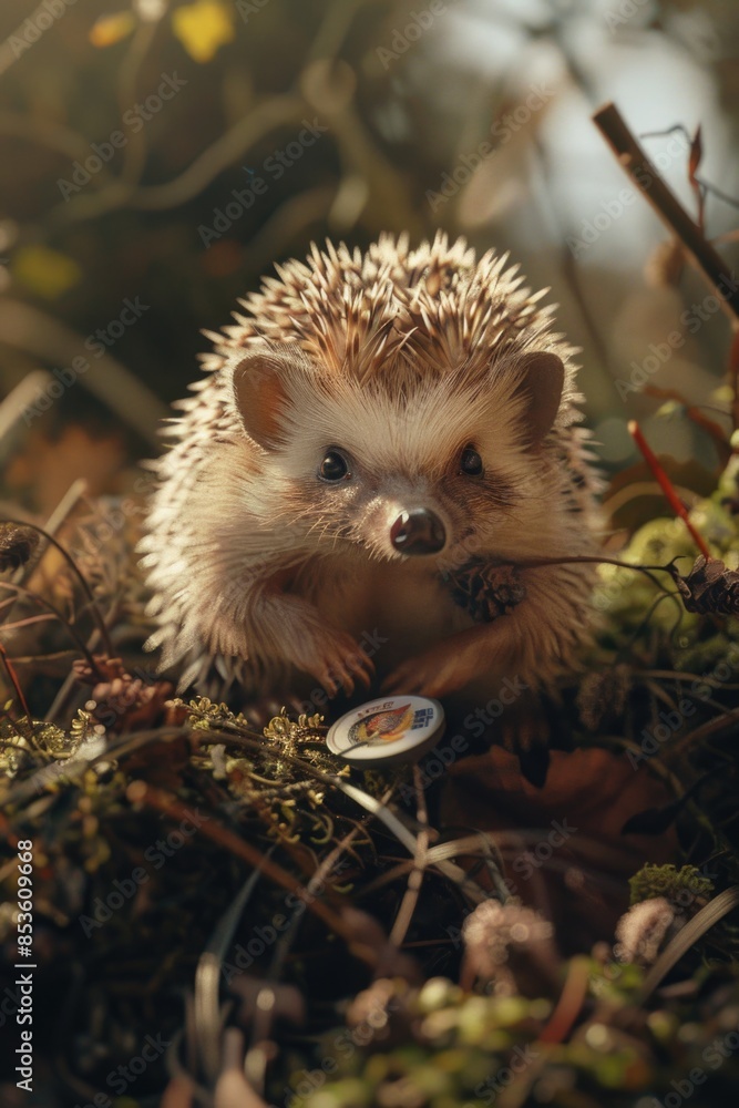 A small hedgehog sits atop a pile of fallen leaves, its tiny body surrounded by the golden brown foliage A small hedgehog sits atop a pile of fallen leaves, its tiny body surrounded by the golden brown foliage
