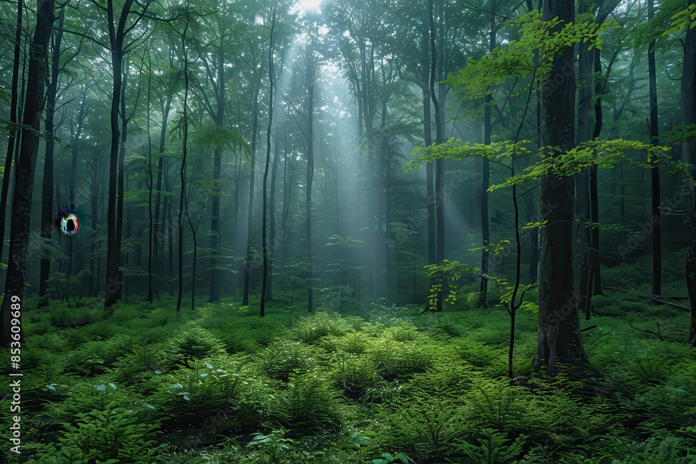 Fototapeta premium A dense forest with a misty atmosphere, showcasing the natural beauty and tranquility of woodland areas. 