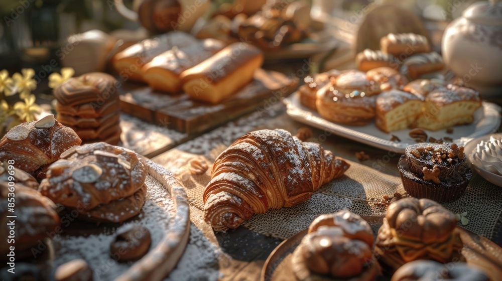 A table filled with pastries topped with powdered sugar, ideal for bakeries, cafes, or food blogs A table filled with pastries topped with powdered sugar, ideal for bakeries, cafes, or food blogs