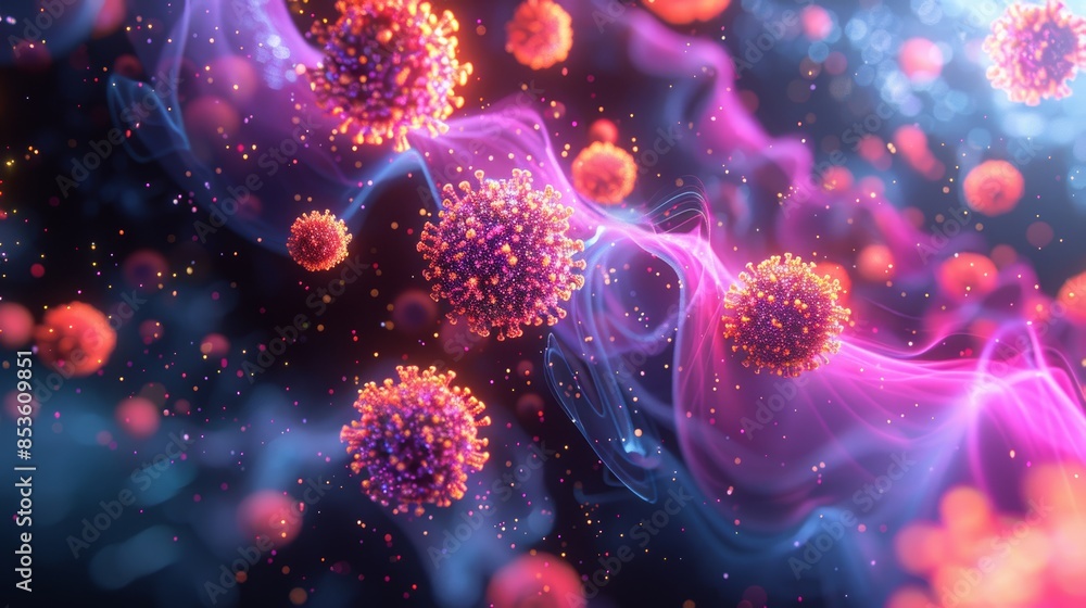 A dynamic 3D illustration of virus particles moving through a laboratory environment, representing the study and analysis of viral behavior.
