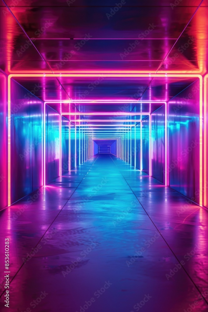 A long corridor illuminated by neon lights